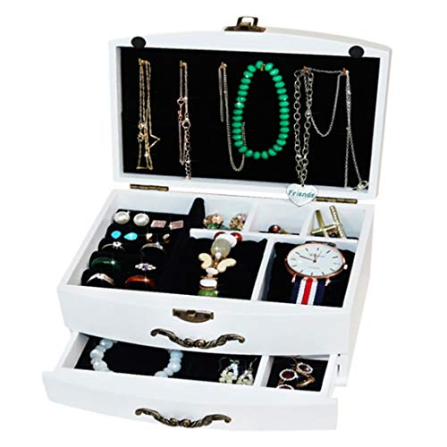 Preisvergleich Produktbild Seciie Schmuckkästchen aus Holz, Kosmetikkoffer mit 2 Schubladen, Schmuckkoffer Holzbox Aufbewahrungsbox für Schmuck, 20 x 15 x 11cm