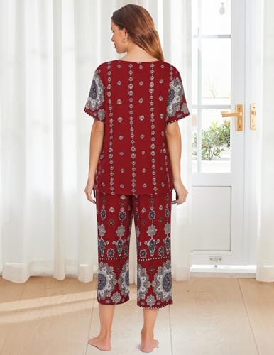 Image of Ekouaer Women's Two Piece Lounge Set Short Sleeve Shirt and Capri Pants Mumu Pajama with Pockets Loungewear Pjs Sets S-2XL