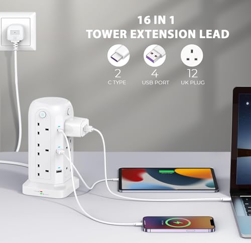 Wolf Power Tower Extension Lead With Usb Slots, 18-IN-1 Surge Protected Lead With 2M Extension Cable, 12 Uk Plug Sockets, 2 USB-C & 4 USB-A Ports, 4 Switches, Ideal For Home, Office & Workshop - 6
