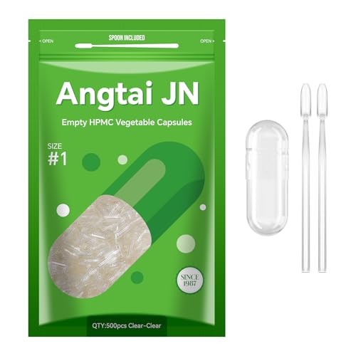 Angtai JN Gélules Vides Végétales à Remplir Taille 1 (500 unités) Capsule Vide avec Micro Cuillère,Certifié Casher,Halal,Empty Capsules Compatible avec...