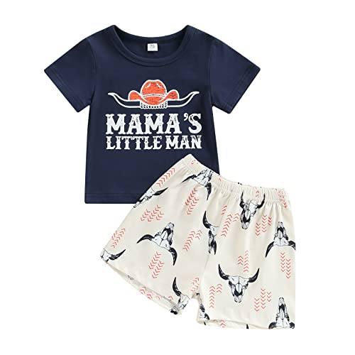 Image of Karuedoo Toddler Baby Boy Western Outfit Cow Print Short Sleeve T Shirt Top Solid Shorts Set Cowboy Outfit 2Pcs Summer Clothes (Navy Blue, 0-6 Months)