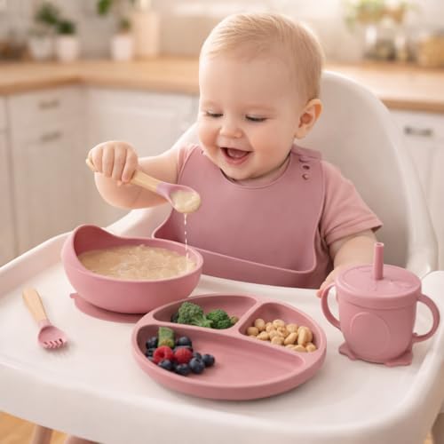 Image of 6 Pcs Silicone Baby Feeding Set | BPA-Free Baby Dinner Set with Suction Plate, Bowl, Bib, Cup, Spoon & Fork | Microwave & Dishwasher Safe | 6+ Months (Pink)