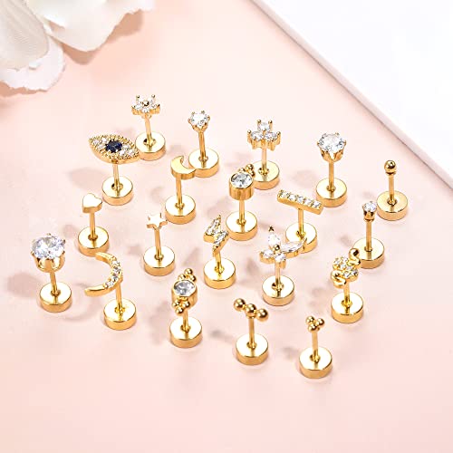 BESTEEL 20PCS Small Hypoallergenic Flat Back Stud Earrings for Women Men Surgical Steel Silver Gold Plated Cartilage Stud Earrings Tiny Ball Heart Star Stud Earrings Set for Multiple Piercing 20G4