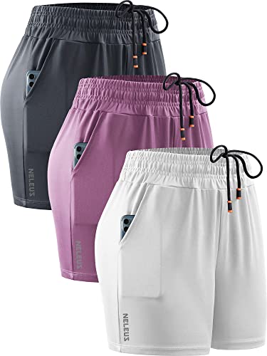 NELEUS Women's 4 Inches Running Shorts Workout Athletic Short for Yoga with Pocket,9066,Pink/Grey/Red,3 Pack,Large