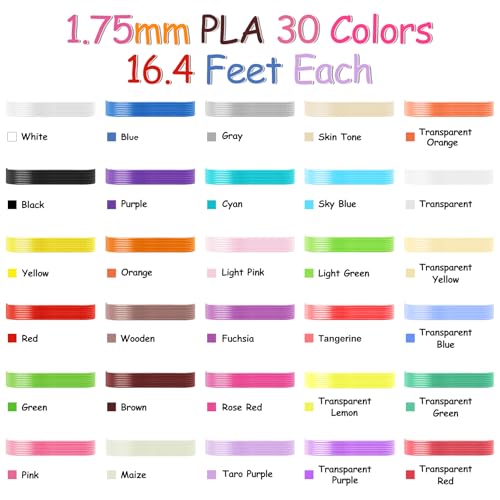 Image of 30 Colors 3D Pen Filament Refills 1.75mm PLA Threads Each Color 16.4 Feet Total 492 Feet with 2 Finger Caps Compatible with SCRIB3D and Compatible with MYNT3D 3D Pencil (3D Pen Not Included)