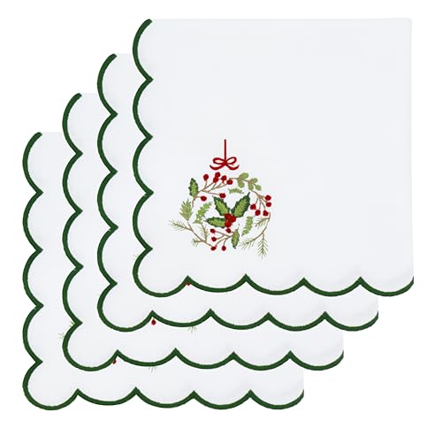 Image of PurpleEssences Scalloped Cloth Napkins 18x18 in - White Edges Green Wreath