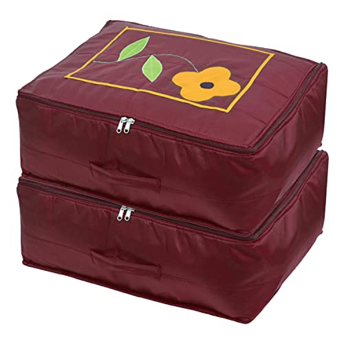 Image of Kuber Industries Saree Cover|Polyester Foldable Flower Print|Travel Wardrobe Organizer for Clothes Storage with Zipper|Extra Large|Pack of 2 (Brown)
