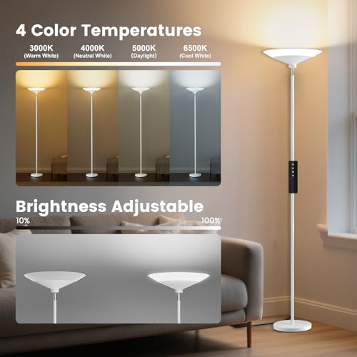Image of SIBRILLE White Torchiere Floor Lamp - 30W Dimmable LED Standing Lamp with Remote /Button Control, 1800Lm, 3000-6500K, 72in Bright Standing Pole Light for Living Room Bedroom Office Corner