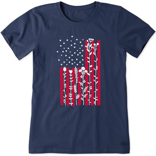 Life Is Good Women'S Crusher Tee Shirt, Short Sleeve Cotton Graphic T-Shirts, Flow Flower Tall Flag, Darkest Blue, Large
