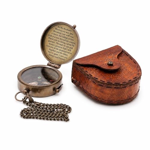 Engraved Brass Compass | Nautical Antique Vintage Solid Brass Compass with Leather Case | Romantic Gift for Husband | Sentimental Keepsake for Anniversaries | Compact Travel Compass for Outdoor