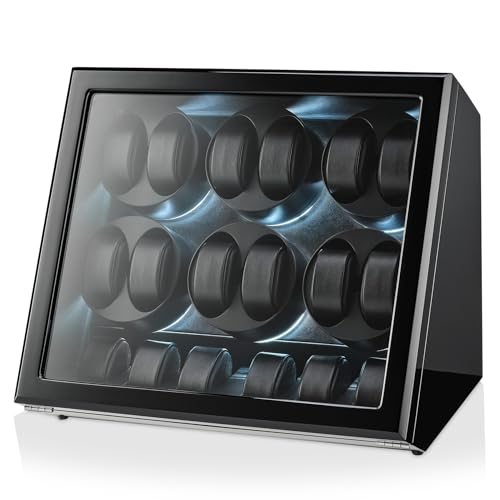 TIMECUBE 12 Watch Winder with 6 Storage Slots, LED Light and Automatic Motor-Stop (Black)