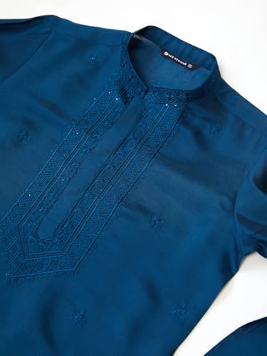 Image of See Designs Men's Long Sleeve Mandarin Collar Side Slit Cream Embroidered Chanderi Silk Straight Kurta with Pyjama
