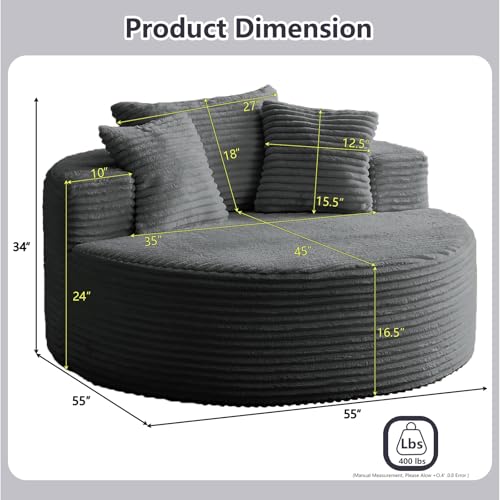 55''L Oversized Round Chaise Longue Chair Indoor, Corduroy Sponge Single Sofa, Oversized Round Chairs, Modern Sleeper Chair for Living Room,Projection Room, Wide Armrest ChairsDark Grey