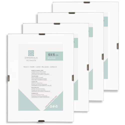 PACK X4 - 10x15 cm Marco Clip de cristal - portafoto sin marco - soporte para fotos, diplomas y certificados - cristal con cantos pulidos - incluye peana para ponerlo de pie y colgadores de pared