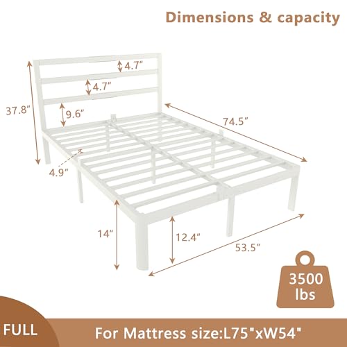 Image of 14 Inch Full Bed Frames, Metal Bed Frame with Head Board, No Box Spring Needed, Heavy Duty Steel, Anti-Slip Mattress Stoppers, Noise Free, Round Corner Legs, Easy Assembly, White