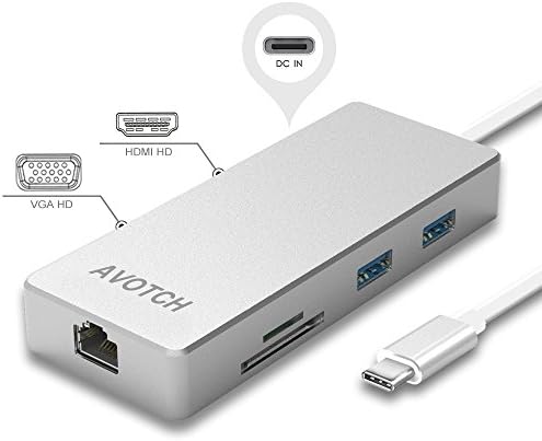USB-C Digital AV Multi-Port Adapter, AVOTCH USB C Hub,3.1 Type C Hub with Power Delivery for Charging, HDMI VGA Dual Screen Display Output, Card Reader, 2 USB 3.0 Ports and Gigabit Ethernet Adapter