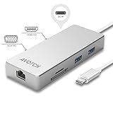 USB-C Digital AV Multi-port Adapter, AVOTCH USB C Hub ，3.1 Type C Hub with Power Delivery for Charging, HDMI VGA Dual screen display Output, Card Reader, 2 USB 3.0 Ports and Gigabit Ethernet Adapter
