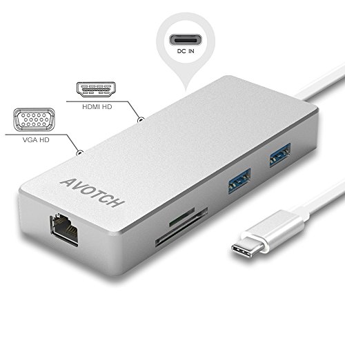 USB-C Digital AV Multi-Port Adapter, AVOTCH USB C Hub,3.1 Type C Hub with Power Delivery for Charging, HDMI VGA Dual Screen Display Output, Card Reader, 2 USB 3.0 Ports and Gigabit Ethernet Adapter