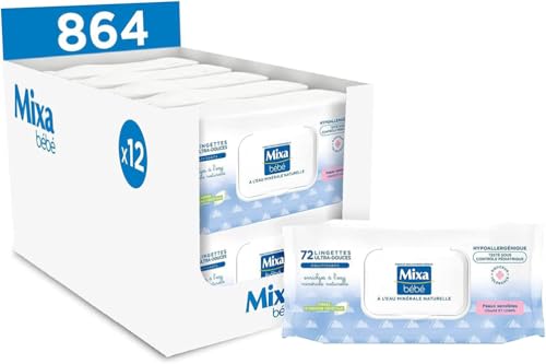 Mixa Bébé Lingettes à l'Eau Minérale Naturelle - Fibres Végétales - Hypoallergénique - Lot de 12 x 72 Lingettes