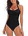 Nadeer Maillot de Bain Femme 1 Piece, Ventre Plat Sexy Push Up Licou Maillot de Bain Réglables Froncé Devant Maillot de Bain Une Pièce (Noir,L)