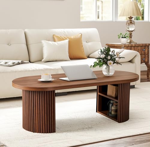 Image of Oval Fluted Coffee Table, 47 inch Farmhouse Wood Coffee Table Mid Century Modern Center Table Boho Living Room Tables for Living Room Office,Walnut