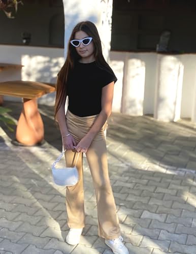 Image of Zaclotre Girls Flare Leggings High Waisted Yoga Pants with Pockets 5-16 Y | Kid Bell Bottoms, Wide Leg Pant, School Uniform, Casual Clothes, V Crossover Waist, Stretchy, Athletic, Dance