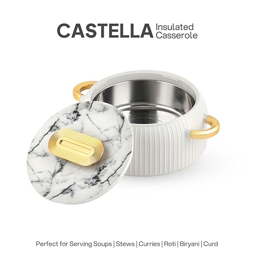 Image of CELLO Castella 1500 Insulated Steel Casserole Hot Box For Kitchen 1500ml Gold White |Double Wall Airtight Serving Hot Pot Case Keeps Food Hot & Warm For Long Hours, Casserole Set For Roti Chapati Rice