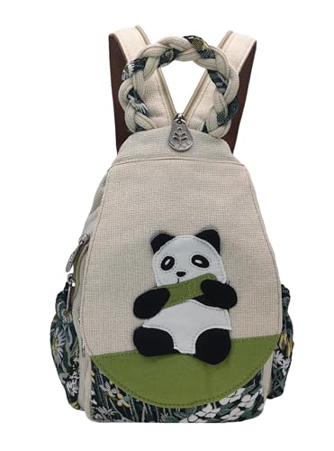 Image of Small Canvas Backpack, Retro Boho Washed Hippie for Women Daily Commute (Panda Decorations)