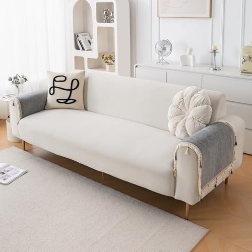Image of HOKIPO 'Serenity Tassel' Chenille Sofa Arm Cover with Tassels - 1 Pair | Glacier Silver (IN-893-LGRY*2)