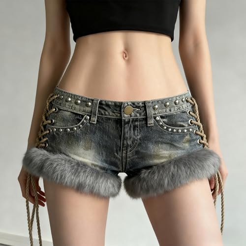Short en jean punk rock taille basse confortable à sangle cloutée et patchwork - 2