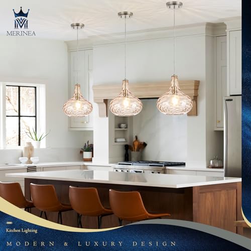 Image of 11 inch Amber Hammered Glass Pendant Light, Brushed Nickel, E26 | 11 inch amber hammered glass pendant light with brushed nickel finish, adjustable cord, E26 socket, ideal for kitchen islands