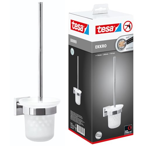 tesa Ekkro Escobilla de baño, metal cromado brillante, tecnología autoadhesiva de montaje en pared, 390 x 116 x 147 mm