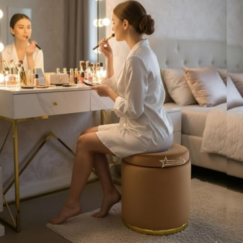 Image of Velvet Round Single Strip Ottoman Office Stool Foot Rest Stool Velvet Fabric Padded Seat Pouf Ottoman 16 X 16X 19 inch, in Round Shape for Living Room Coffee