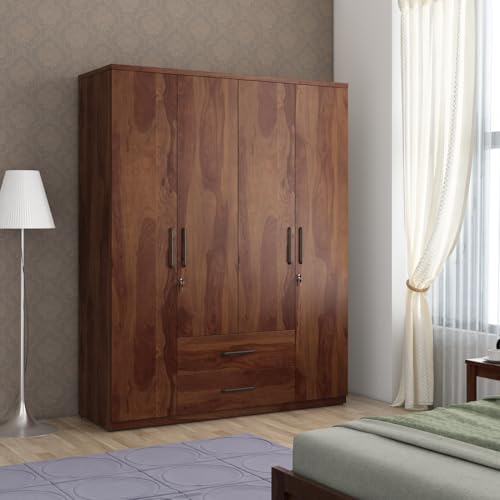 Image of Spacewood Lauren Wardrobe | 3 Year Warranty | Almirah, Cupboard, Almari, 4 Door Wardrobe, 4 Drawer (2 Lock Drawer) and 2 Hanging Space & 1 Internal Locker|Engineered Wood| Sheesham