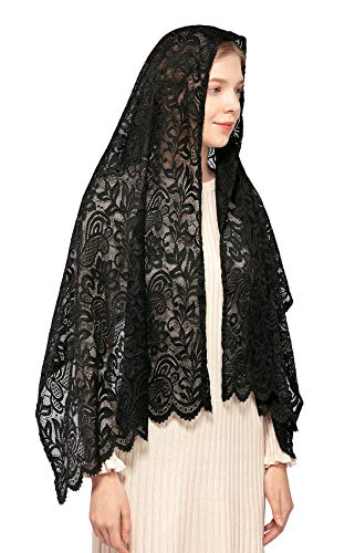 Wgior Rectangular Chapel Veil Scarf Catholic Church Veils Mantilla Wrap Shawl Mass Head Covering (Black)
