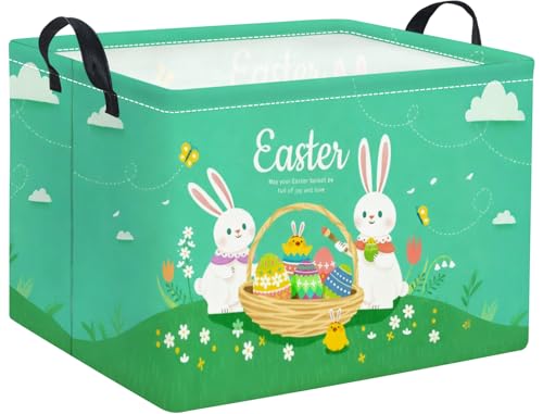 Image of Rectangular Easter Basket for Home Kitchen Baby Girls Basket Cute Storage Bin Organizer Shelf Book Room Decor(Green Cute Bunny)