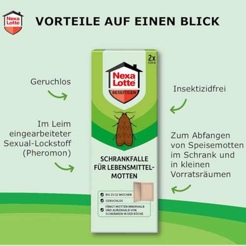Nexa Lotte Schrankfalle für Lebensmittelmotten, 2 Stück, Effektive, insektizidfreie Klebefalle gegen Motten in Lebensmitteln, bis 2 Monate Schutz