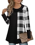 Youtalia Ladies Tops: Tunic Shirt, Long Sleeve, Pullover, Warm, Cowl Neck, Color Block, Stretchy Knit, Black & White, Large