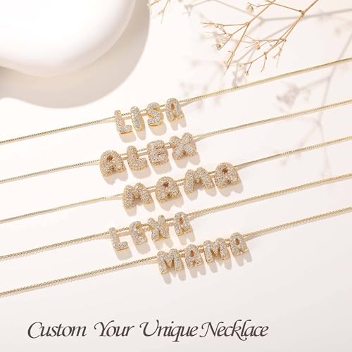 Custom Diamond Bubble 3D Letter Necklace Puffy Personalized Initial Charm with Zircon,18K Gold Plated Dainty Balloon Name Necklace for Women, Handmade Jewelry Gift for Her,Mother's Day4