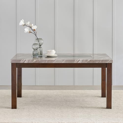 Image of Home Centre Harmony Sia Solid Wood Faux Marble Top 6-Seater Dining Set with Chairs - Grey