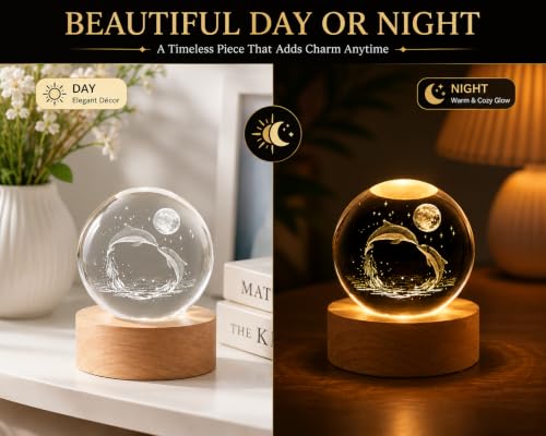 Image of Quace 3D Dolphin Crystal Ball Lamp, LED Crystal Globe Night Light with Wooden Base, USB Decorative Table Lamp for Bedroom Decor, Desk Decor, Birthday & Housewarming Gift