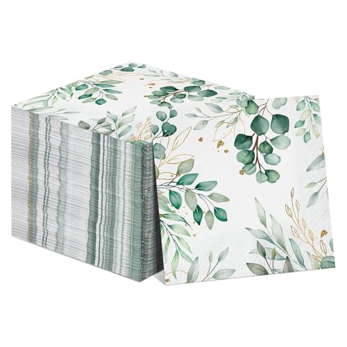 FENGCHUANG Serviette Papier Eucalyptus, 80 Pièces Serviette de Table Papier Vert 33 x 33 cm Serviette Papier Vert Sauge pour Mariages Baptêmes Anniversaires...