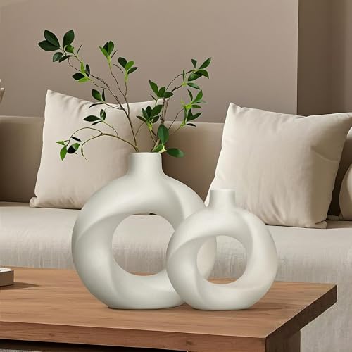 Charmofun Juego de 2 Jarrones Decorativos Modernos, Jarron Ceramica, Florero de Flores Secas en Bohemio, Jarrones para Sala de Estar y Centro de Mesa de Cena (Blanco (Grande + Pequeño))