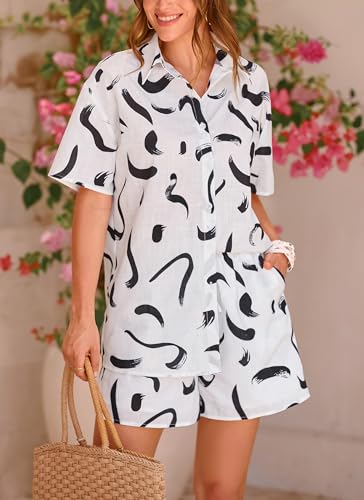 PRETTYGARDEN 2 Piece Sets for Women Summer Clothes 2026 Printed Button Down Shirts Tops Lounge Shorts Beach Vacation Outfits (Black Brush,X-Large) — view 4