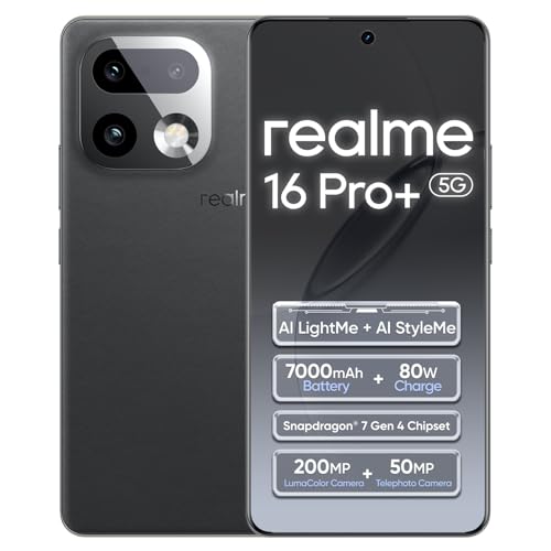 realme 16 Pro+ 5G Smartphone 12+512GB Grey,144Hz AMOLED Display,7000mAh Battery,80W SuperVOOC, 50+200MP Camera, Qualcomm Snapdragon 7 Gen 4 Rocket LPDDR5X, IP69