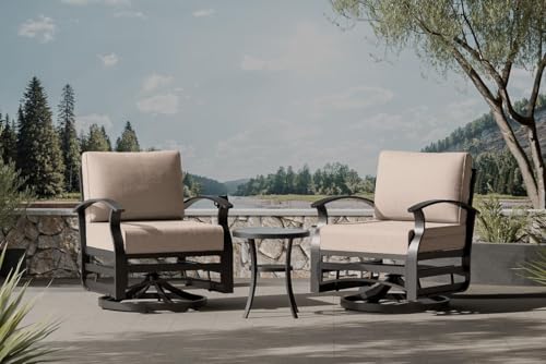 Image of Outdoor Patio Furniture Set, 3 Piece Aluminum Metal Chairs Swivel Rocker, Overstuffed Washable Cushions Bistro Set for Porch, Balcony, Deck, Garden