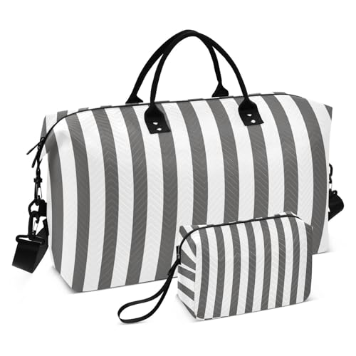 Gray White Stripes Travel Duffel Bag, Shoulder Weekender Overnight Bags - Large Gym Bag with Wet Pocket