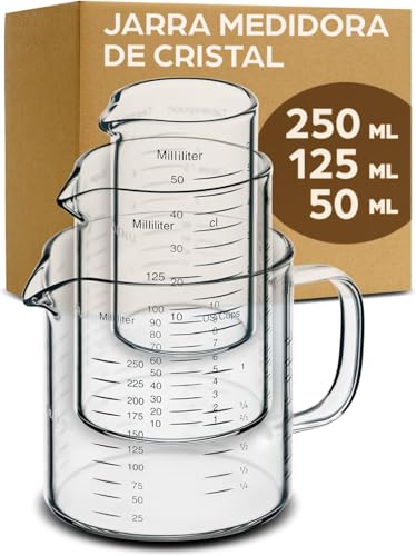 Jarra Medidora de Cristal - 50ml, 125ml, 250ml - Escala Precisa - Apilable - Resistente al Calor y al Microondas