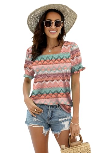 Image of WIHOLL Tops for Women Summer Casual Ruffle Trim Sleeve Square Neck T Shirts