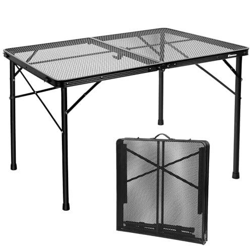 4 ft Folding Table with Metal Mesh Desktop, Grill Table Camping Table with Carry Handle,Adjustable Height (16.5' & 26'), Outdoor Table for Camp, Cooking, BBQ, RV, Picnic,Fits 4–8 People,Black